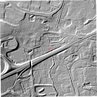 Shaded relief map of the ground around WA71WA, computed from Environment Agency LiDAR. The ground here sits at about 7 m above sea level and falls 20 m across the surrounding 800 m. Surface water reaching this point runs off ground lying to the west-south-west, 19.2 m higher.
