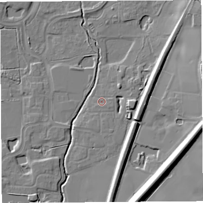 Shaded relief map of the ground around WA71WB, computed from Environment Agency LiDAR. The ground here sits at about 9 m above sea level and falls 17 m across the surrounding 800 m. Surface water reaching this point runs off ground lying to the south-east, 1.2 m higher.