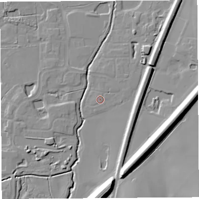 Shaded relief map of the ground around WA71WD, computed from Environment Agency LiDAR. The ground here sits at about 9 m above sea level and falls 19 m across the surrounding 800 m. Surface water reaching this point runs off ground lying to the south-south-west, 0.7 m higher.