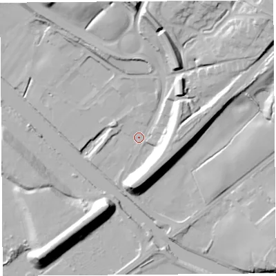 Shaded relief map of the ground around WA73EH, computed from Environment Agency LiDAR. The ground here sits at about 9 m above sea level and falls 31 m across the surrounding 800 m. Surface water reaching this point runs off ground lying to the north-east, 26.2 m higher.