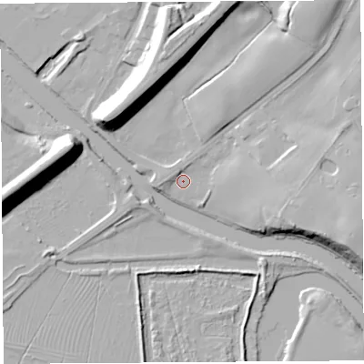 Shaded relief map of the ground around WA73GF, computed from Environment Agency LiDAR. The ground here sits at about 7 m above sea level and falls 23 m across the surrounding 800 m. Surface water reaching this point runs off ground lying to the north-east, 18.9 m higher.