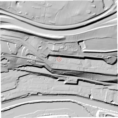 Shaded relief map of the ground around WA74FZ, computed from Environment Agency LiDAR. The ground here sits at about 37 m above sea level and falls 68 m across the surrounding 800 m. Surface water reaching this point runs off ground lying to the north, 24.6 m higher.