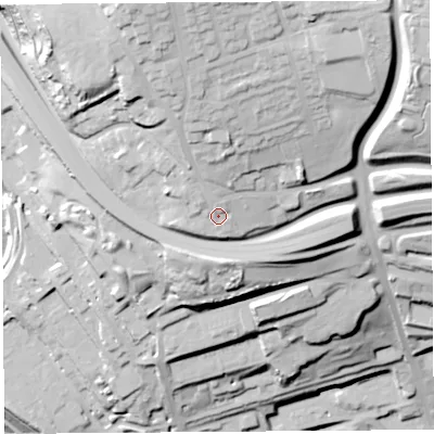 Shaded relief map of the ground around WA74LT, computed from Environment Agency LiDAR. The ground here sits at about 56 m above sea level and falls 67 m across the surrounding 800 m. Surface water reaching this point runs off ground lying to the north, 3.0 m higher.