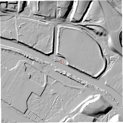 Shaded relief map of the ground around WA74XT, computed from Environment Agency LiDAR. The ground here sits at about 6 m above sea level and falls 35 m across the surrounding 800 m. Surface water reaching this point runs off ground lying to the north-north-east, 28.0 m higher.