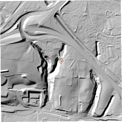 Shaded relief map of the ground around WA74XW, computed from Environment Agency LiDAR. The ground here sits at about 40 m above sea level and falls 54 m across the surrounding 800 m. Surface water reaching this point runs off ground lying to the north-north-west, 22.3 m higher.