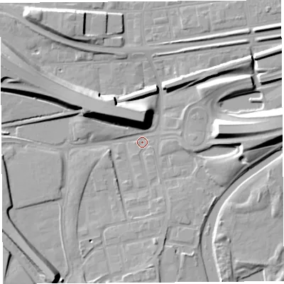 Shaded relief map of the ground around WA80BF, computed from Environment Agency LiDAR. The ground here sits at about 6 m above sea level and falls 12 m across the surrounding 800 m. Surface water reaching this point runs off ground lying to the north, 12.1 m higher.