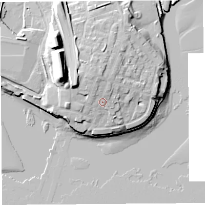 Shaded relief map of the ground around WA80DT, computed from Environment Agency LiDAR. The ground here sits at about 15 m above sea level and falls 27 m across the surrounding 800 m. Surface water reaching this point runs off ground lying to the north, 4.7 m higher.