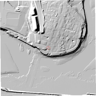Shaded relief map of the ground around WA80EG, computed from Environment Agency LiDAR. The ground here sits at about 12 m above sea level and falls 27 m across the surrounding 800 m. Surface water reaching this point runs off ground lying to the north, 8.6 m higher.