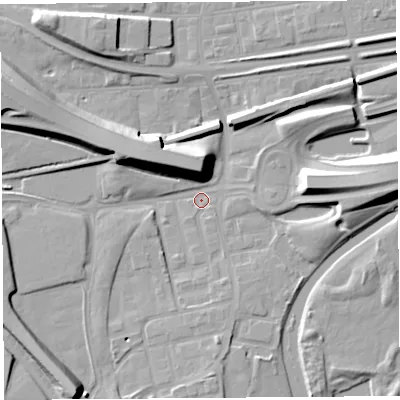 Shaded relief map of the ground around WA80FS, computed from Environment Agency LiDAR. The ground here sits at about 6 m above sea level and falls 12 m across the surrounding 800 m. Surface water reaching this point runs off ground lying to the north, 12.1 m higher.