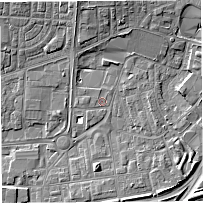 Shaded relief map of the ground around WA80NN, computed from Environment Agency LiDAR. The ground here sits at about 10 m above sea level and falls 10 m across the surrounding 800 m. Surface water reaching this point runs off ground lying to the north-north-west, 8.6 m higher.