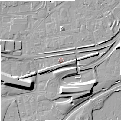 Shaded relief map of the ground around WA80NQ, computed from Environment Agency LiDAR. The ground here sits at about 10 m above sea level and falls 13 m across the surrounding 800 m. Surface water reaching this point runs off ground lying to the east, 3.2 m higher.