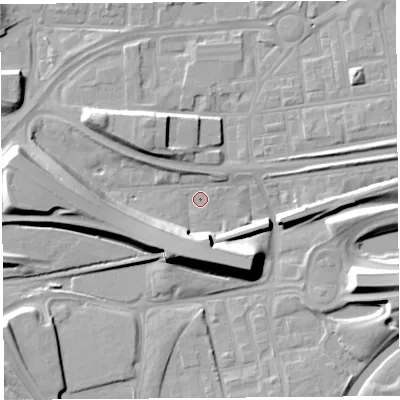 Shaded relief map of the ground around WA80NS, computed from Environment Agency LiDAR. The ground here sits at about 8 m above sea level and falls 12 m across the surrounding 800 m. Surface water reaching this point runs off ground lying to the west, 10.5 m higher.