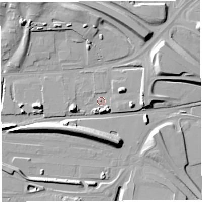 Shaded relief map of the ground around WA80PA, computed from Environment Agency LiDAR. The ground here sits at about 8 m above sea level and falls 15 m across the surrounding 800 m. Surface water reaching this point runs off ground lying to the east-north-east, 9.2 m higher.