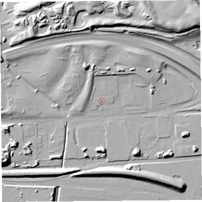 Shaded relief map of the ground around WA80PG, computed from Environment Agency LiDAR. The ground here sits at about 9 m above sea level and falls 22 m across the surrounding 800 m. Surface water reaching this point runs off ground lying to the north-north-east, 1.6 m higher.