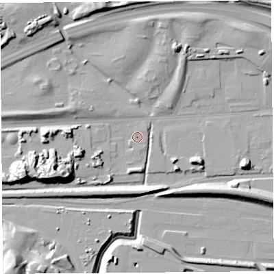 Shaded relief map of the ground around WA80PH, computed from Environment Agency LiDAR. The ground here sits at about 8 m above sea level and falls 20 m across the surrounding 800 m. Surface water reaching this point runs off ground lying to the west-south-west, 5.9 m higher.