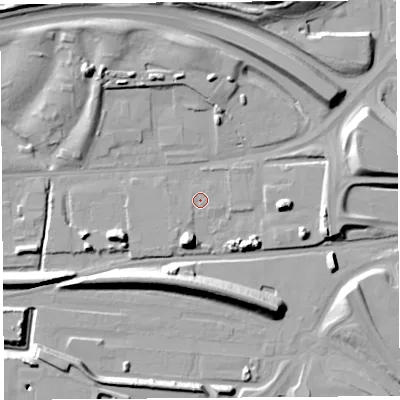 Shaded relief map of the ground around WA80PJ, computed from Environment Agency LiDAR. The ground here sits at about 7 m above sea level and falls 16 m across the surrounding 800 m. Surface water reaching this point runs off ground lying to the east-south-east, 0.8 m higher.