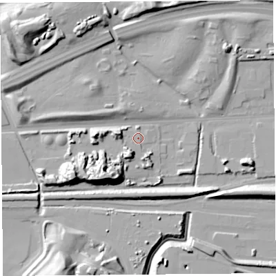 Shaded relief map of the ground around WA80PP, computed from Environment Agency LiDAR. The ground here sits at about 9 m above sea level and falls 21 m across the surrounding 800 m. Surface water reaching this point runs off ground lying to the south-south-west, 8.5 m higher.