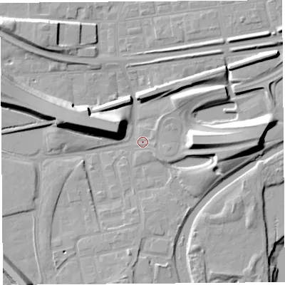 Shaded relief map of the ground around WA80PR, computed from Environment Agency LiDAR. The ground here sits at about 7 m above sea level and falls 17 m across the surrounding 800 m. Surface water reaching this point runs off ground lying to the east, 11.4 m higher.