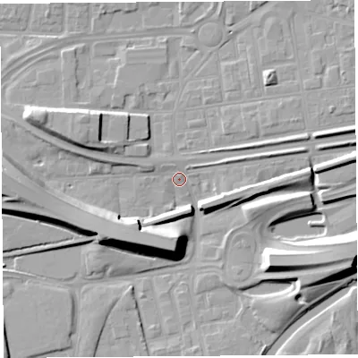 Shaded relief map of the ground around WA80PT, computed from Environment Agency LiDAR. The ground here sits at about 8 m above sea level and falls 12 m across the surrounding 800 m. Surface water reaching this point runs off ground lying to the west-north-west, 7.4 m higher.