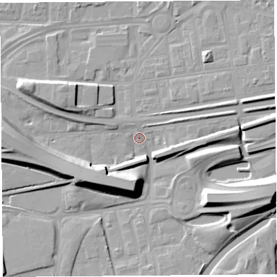 Shaded relief map of the ground around WA80PU, computed from Environment Agency LiDAR. The ground here sits at about 8 m above sea level and falls 12 m across the surrounding 800 m. Surface water reaching this point runs off ground lying to the north-west, 7.5 m higher.