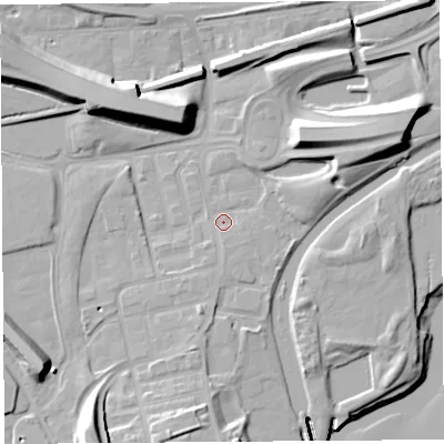 Shaded relief map of the ground around WA80PZ, computed from Environment Agency LiDAR. The ground here sits at about 7 m above sea level and falls 17 m across the surrounding 800 m. Surface water reaching this point runs off ground lying to the south-east, 1.4 m higher.