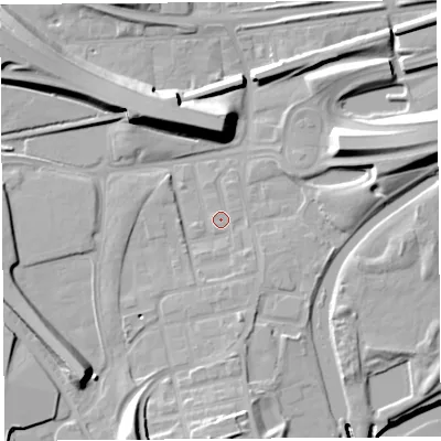Shaded relief map of the ground around WA80QD, computed from Environment Agency LiDAR. The ground here sits at about 7 m above sea level and falls 17 m across the surrounding 800 m. Surface water reaching this point runs off ground lying to the south-south-west, 11.9 m higher.