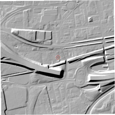Shaded relief map of the ground around WA80QE, computed from Environment Agency LiDAR. The ground here sits at about 8 m above sea level and falls 12 m across the surrounding 800 m. Surface water reaching this point runs off ground lying to the west, 11.1 m higher.