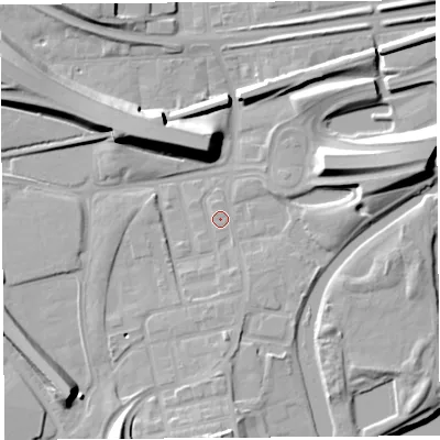 Shaded relief map of the ground around WA80QF, computed from Environment Agency LiDAR. The ground here sits at about 7 m above sea level and falls 17 m across the surrounding 800 m. Surface water reaching this point runs off ground lying to the south-south-west, 9.6 m higher.