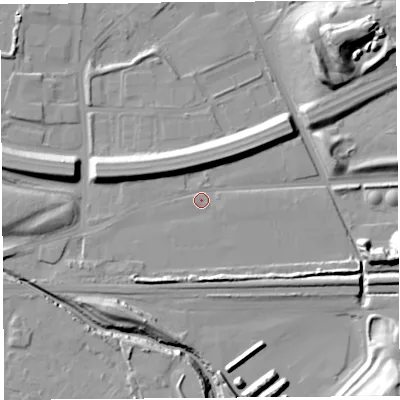 Shaded relief map of the ground around WA80QG, computed from Environment Agency LiDAR. The ground here sits at about 8 m above sea level and falls 24 m across the surrounding 800 m. Surface water reaching this point runs off ground lying to the east, 0.7 m higher.