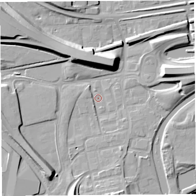 Shaded relief map of the ground around WA80QQ, computed from Environment Agency LiDAR. The ground here sits at about 6 m above sea level and falls 16 m across the surrounding 800 m. Surface water reaching this point runs off ground lying to the south-south-west, 10.3 m higher.