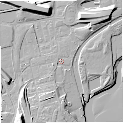 Shaded relief map of the ground around WA80QR, computed from Environment Agency LiDAR. The ground here sits at about 8 m above sea level and falls 25 m across the surrounding 800 m. Surface water reaching this point runs off ground lying to the south-south-west, 3.8 m higher.