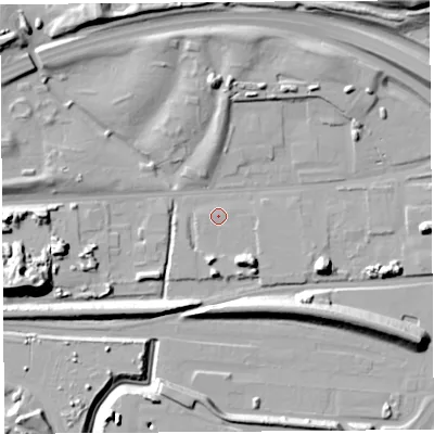Shaded relief map of the ground around WA80QW, computed from Environment Agency LiDAR. The ground here sits at about 8 m above sea level and falls 20 m across the surrounding 800 m. Surface water reaching this point runs off ground lying to the south-south-east, 8.1 m higher.