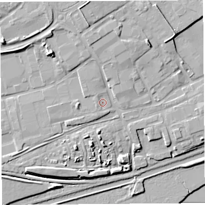 Shaded relief map of the ground around WA80TF, computed from Environment Agency LiDAR. The ground here sits at about 12 m above sea level and falls 15 m across the surrounding 800 m. Surface water reaching this point runs off ground lying to the north-west, 1.2 m higher.