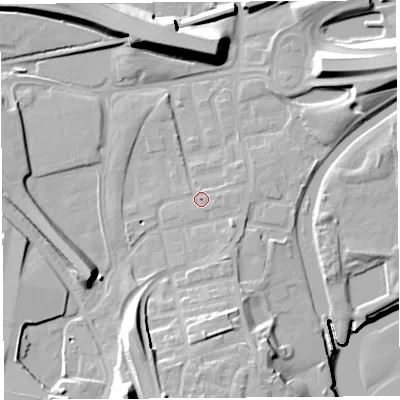 Shaded relief map of the ground around WA80TG, computed from Environment Agency LiDAR. The ground here sits at about 8 m above sea level and falls 25 m across the surrounding 800 m. Surface water reaching this point runs off ground lying to the south, 0.7 m higher.
