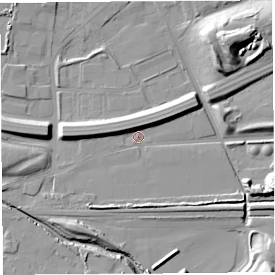 Shaded relief map of the ground around WA80TH, computed from Environment Agency LiDAR. The ground here sits at about 7 m above sea level and falls 23 m across the surrounding 800 m. Surface water reaching this point runs off ground lying to the west-north-west, 6.7 m higher.