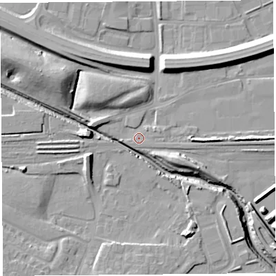 Shaded relief map of the ground around WA80TL, computed from Environment Agency LiDAR. The ground here sits at about 7 m above sea level and falls 15 m across the surrounding 800 m. Surface water reaching this point runs off ground lying to the north-east, 7.4 m higher.
