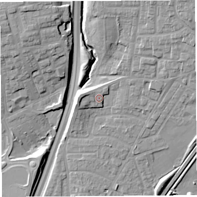 Shaded relief map of the ground around WA80TN, computed from Environment Agency LiDAR. The ground here sits at about 22 m above sea level and falls 18 m across the surrounding 800 m. Surface water reaching this point runs off ground lying to the west, 5.3 m higher.