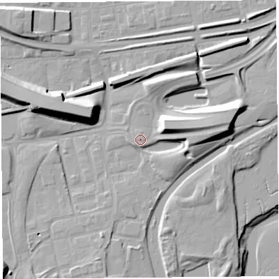 Shaded relief map of the ground around WA80WG, computed from Environment Agency LiDAR. The ground here sits at about 9 m above sea level and falls 17 m across the surrounding 800 m. The ground contributing surface water to this point lies to the south-south-east.
