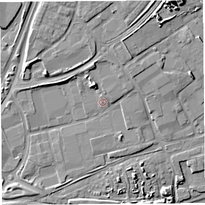 Shaded relief map of the ground around WA80YQ, computed from Environment Agency LiDAR. The ground here sits at about 13 m above sea level and falls 16 m across the surrounding 800 m. Surface water reaching this point runs off ground lying to the north-north-west, 5.8 m higher.