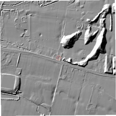 Shaded relief map of the ground around WA83XL, computed from Environment Agency LiDAR. The ground here sits at about 24 m above sea level and falls 13 m across the surrounding 800 m. Surface water reaching this point runs off ground lying to the west, 1.8 m higher.