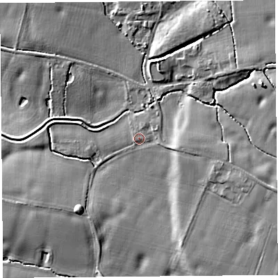 Shaded relief map of the ground around WA84PN, computed from Environment Agency LiDAR. The ground here sits at about 15 m above sea level and falls 10 m across the surrounding 800 m. Surface water reaching this point runs off ground lying to the east-north-east, 1.6 m higher.