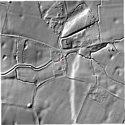 Shaded relief map of the ground around WA84PW, computed from Environment Agency LiDAR. The ground here sits at about 14 m above sea level and falls 10 m across the surrounding 800 m. Surface water reaching this point runs off ground lying to the south-south-east, 1.1 m higher.