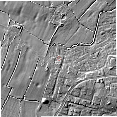 Shaded relief map of the ground around WA84QP, computed from Environment Agency LiDAR. The ground here sits at about 20 m above sea level and falls 9 m across the surrounding 800 m. Surface water reaching this point runs off ground lying to the east-south-east, 4.2 m higher.