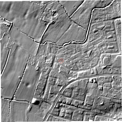 Shaded relief map of the ground around WA84TG, computed from Environment Agency LiDAR. The ground here sits at about 20 m above sea level and falls 9 m across the surrounding 800 m. Surface water reaching this point runs off ground lying to the south, 1.6 m higher.