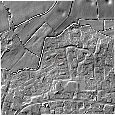 Shaded relief map of the ground around WA84TJ, computed from Environment Agency LiDAR. The ground here sits at about 21 m above sea level and falls 10 m across the surrounding 800 m. Surface water reaching this point runs off ground lying to the north-east, 0.9 m higher.