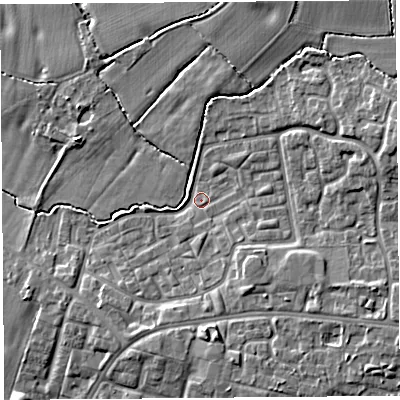 Shaded relief map of the ground around WA84TL, computed from Environment Agency LiDAR. The ground here sits at about 21 m above sea level and falls 10 m across the surrounding 800 m. Surface water reaching this point runs off ground lying to the east-north-east, 5.1 m higher.