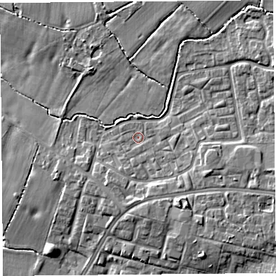 Shaded relief map of the ground around WA84TN, computed from Environment Agency LiDAR. The ground here sits at about 20 m above sea level and falls 9 m across the surrounding 800 m. Surface water reaching this point runs off ground lying to the south-south-east, 3.8 m higher.