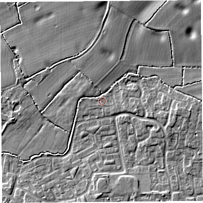 Shaded relief map of the ground around WA84TR, computed from Environment Agency LiDAR. The ground here sits at about 22 m above sea level and falls 12 m across the surrounding 800 m. Surface water reaching this point runs off ground lying to the north-east, 9.9 m higher.