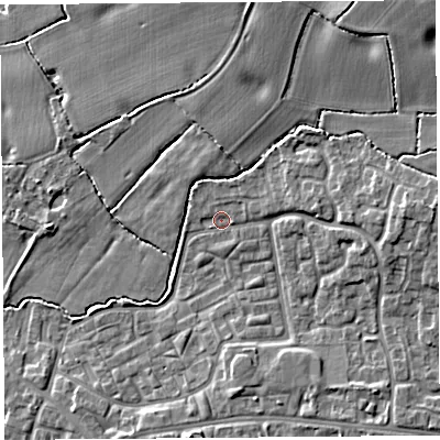 Shaded relief map of the ground around WA84TU, computed from Environment Agency LiDAR. The ground here sits at about 21 m above sea level and falls 11 m across the surrounding 800 m. Surface water reaching this point runs off ground lying to the east, 1.4 m higher.