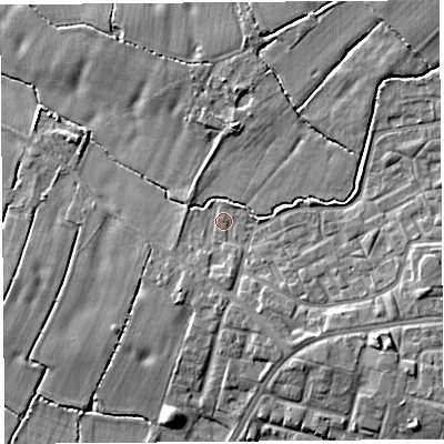 Shaded relief map of the ground around WA84TW, computed from Environment Agency LiDAR. The ground here sits at about 20 m above sea level and falls 9 m across the surrounding 800 m. Surface water reaching this point runs off ground lying to the south-east, 4.9 m higher.
